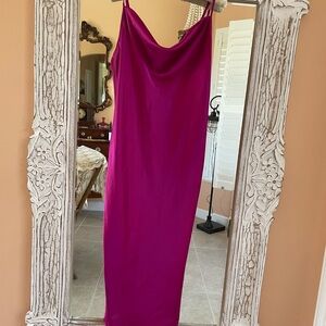 Silky Poly Magenta Adjustable Strap Sheath Slip Midi Dress Lg. New with tag